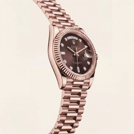 Rolex Luxury Rose Gold Stainless Steel Watch Fluted Bezel Chocolate Brown Dial Diamond Markers Day-Date Watch – Men
