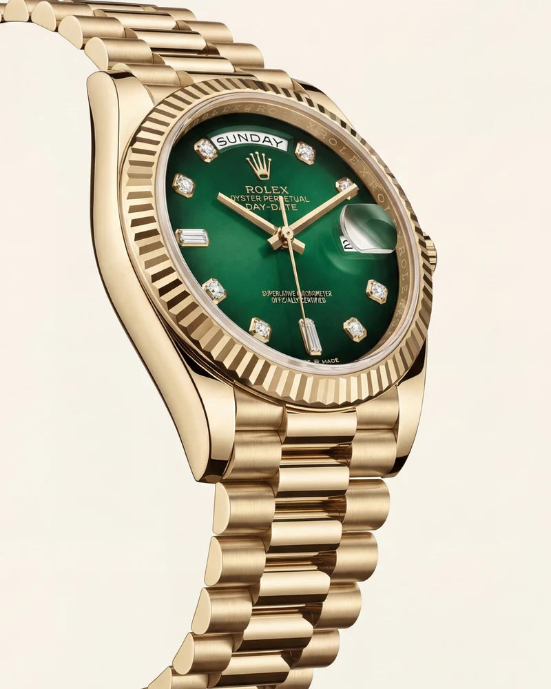Rolex Luxury Gold Stainless Steel Watch Fluted Bezel Emerald Green Sunburst Dial Diamond Markers Day-Date Watch – Men