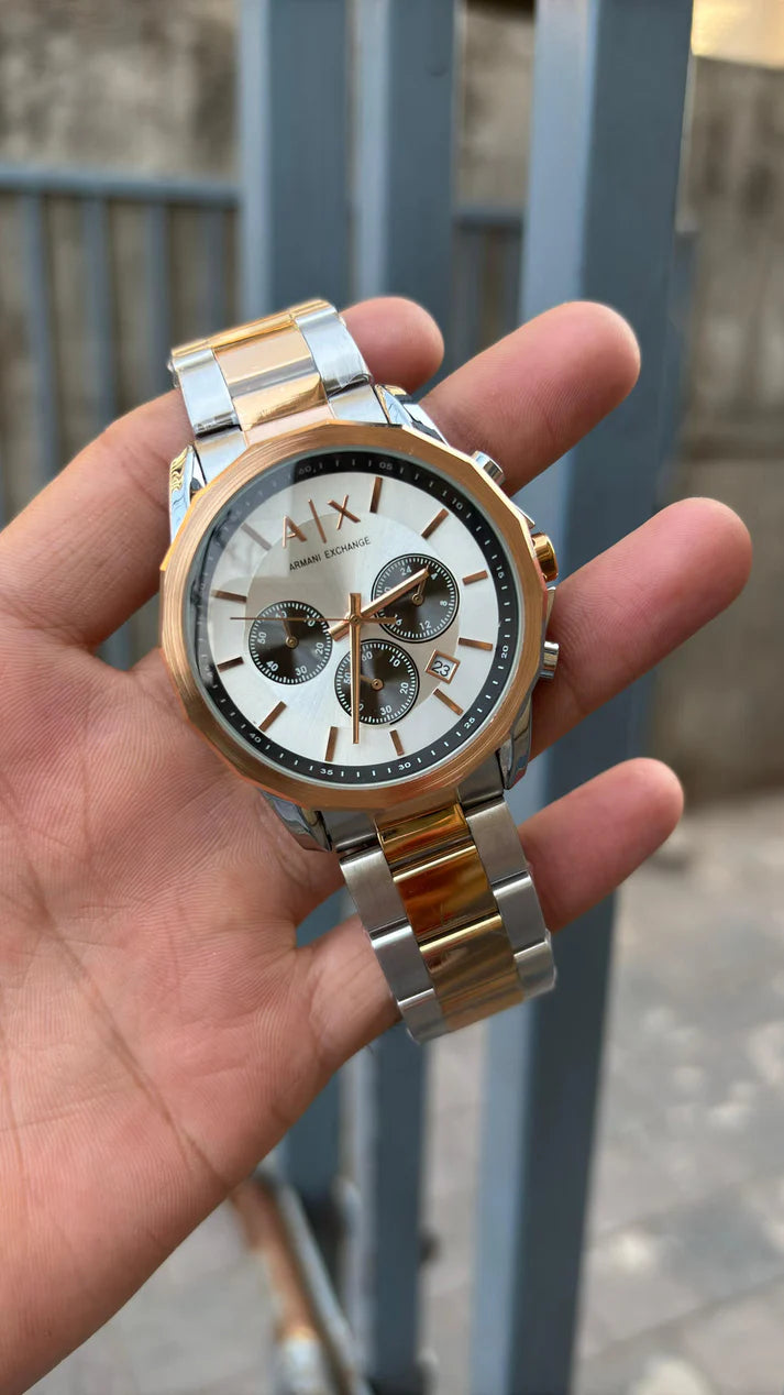 Armani Exchange White Dial Chronograph Two-Tone Metal Belt Watch For Men's