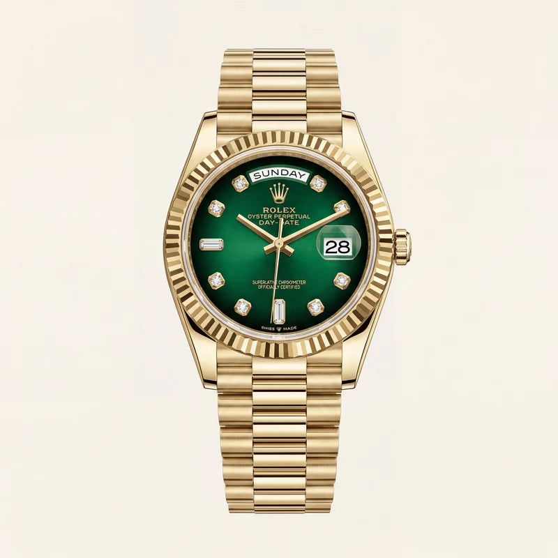 Rolex Luxury Gold Stainless Steel Watch Fluted Bezel Emerald Green Sunburst Dial Diamond Markers Day-Date Watch – Men