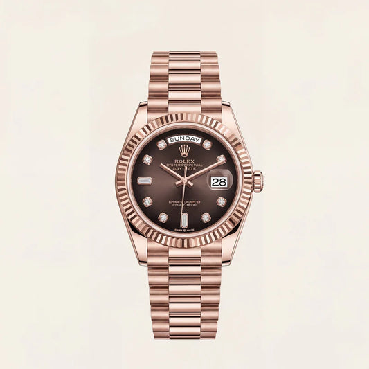 Rolex Luxury Rose Gold Stainless Steel Watch Fluted Bezel Chocolate Brown Dial Diamond Markers Day-Date Watch – Men