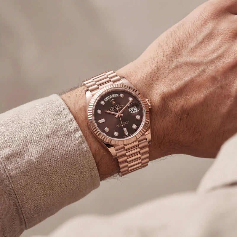 Rolex Luxury Rose Gold Stainless Steel Watch Fluted Bezel Chocolate Brown Dial Diamond Markers Day-Date Watch – Men