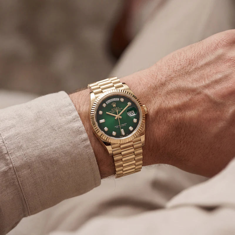 Rolex Luxury Gold Stainless Steel Watch Fluted Bezel Emerald Green Sunburst Dial Diamond Markers Day-Date Watch – Men