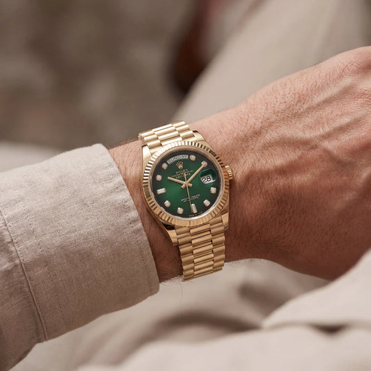 Rolex Luxury Gold Stainless Steel Watch Fluted Bezel Emerald Green Sunburst Dial Diamond Markers Day-Date Watch – Men
