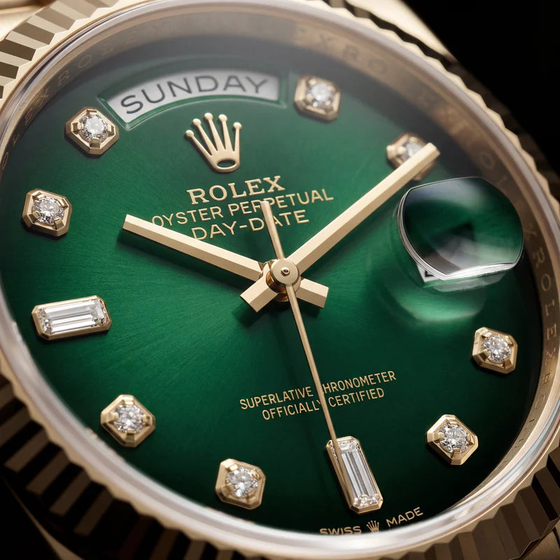 Rolex Luxury Gold Stainless Steel Watch Fluted Bezel Emerald Green Sunburst Dial Diamond Markers Day-Date Watch – Men