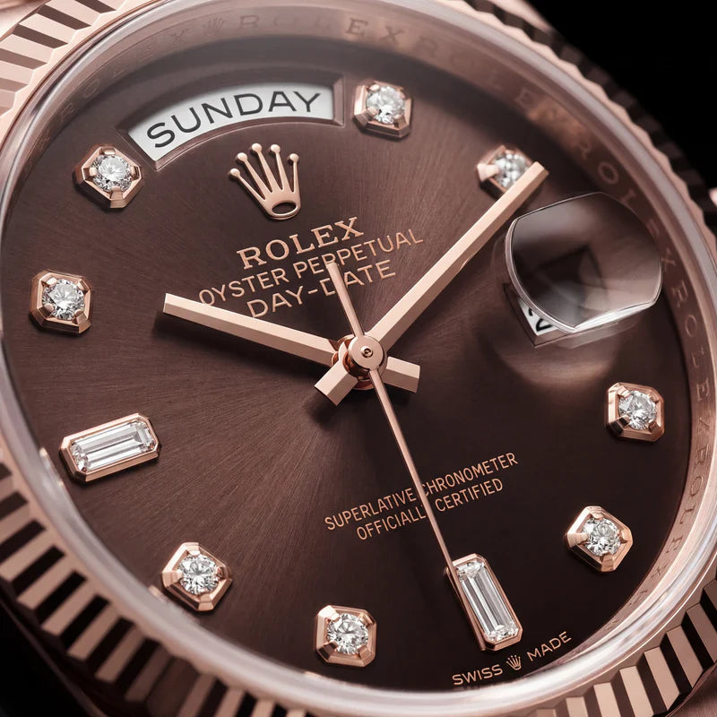Rolex Luxury Rose Gold Stainless Steel Watch Fluted Bezel Chocolate Brown Dial Diamond Markers Day-Date Watch – Men