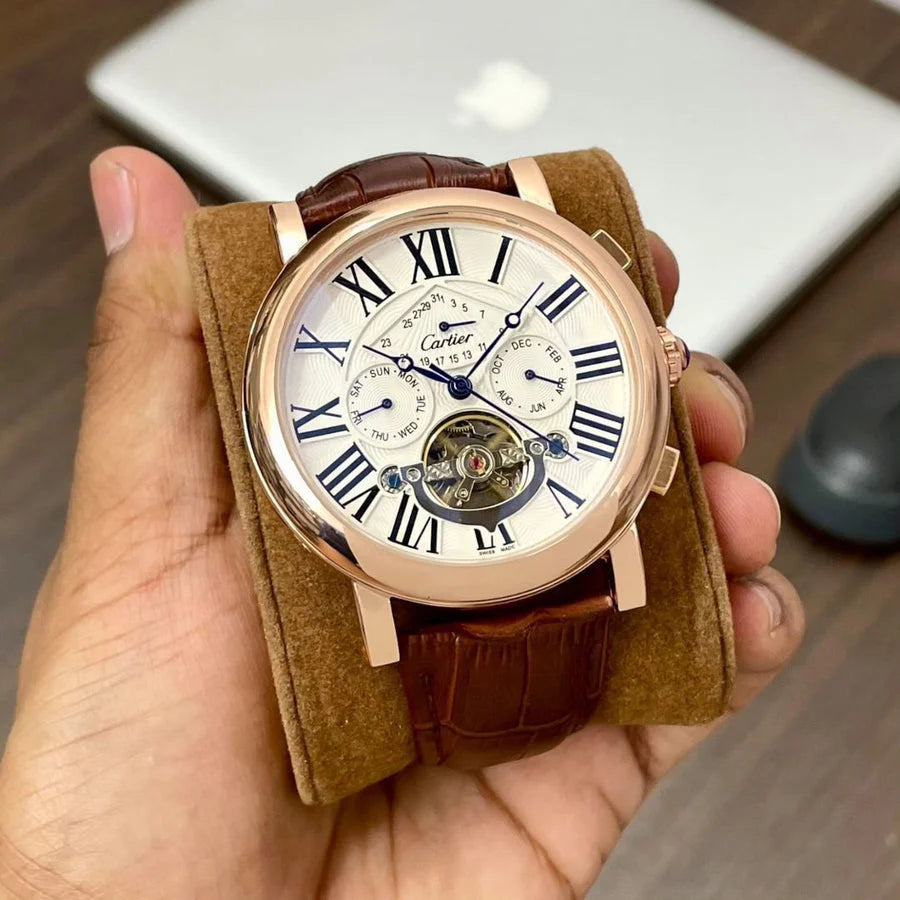 Cartier Automatic White Dial Leather Belt Watch For Men