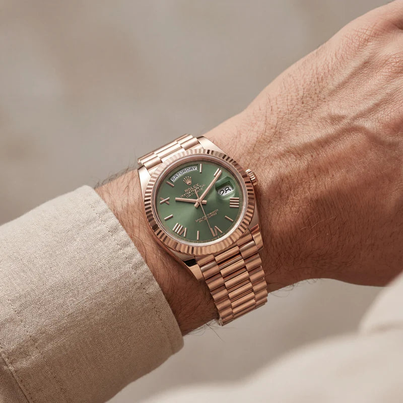 Rolex Rose Gold Green Dial Day-Date Luxury Steel Watch