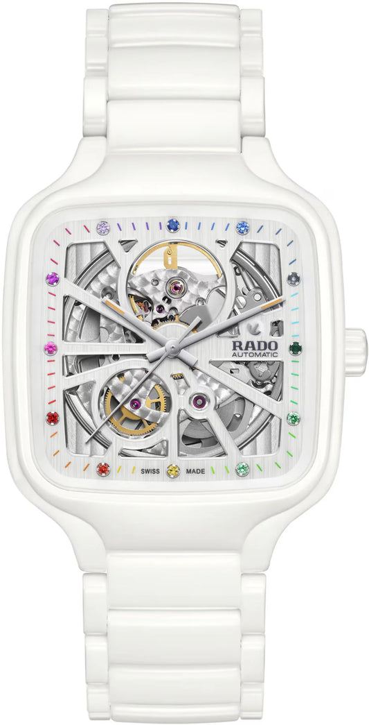 Rado White Rainbow Dial Ceramic Automatic Open Heart Men's Watch